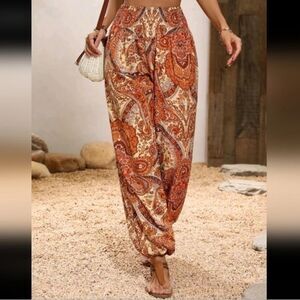 Cider Paisley Wide Leg Pants - Orange and Brown